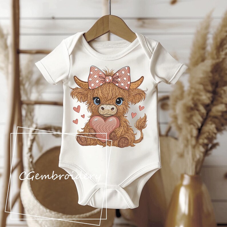 Cute Highland Cow Embroidery File Cow Holding Heart Pink Coquette Bow Embroidery Pattern Scottish Highland Longhaired Cow Machine Embroidery