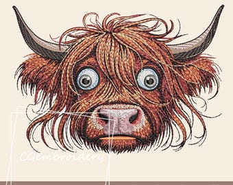 May include: Embroidered design of a Highland cow's face with large, wide eyes. The cow has a brown and red coat with a pink nose and white muzzle.