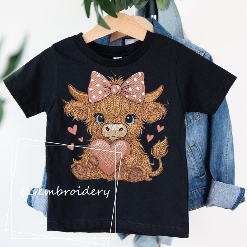 Cute Highland Cow Embroidery File Cow Holding Heart Pink Coquette Bow Embroidery Pattern Scottish Highland Longhaired Cow Machine Embroidery