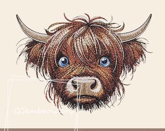 May include: An embroidery design file featuring a detailed illustration of a Highland cow's face. The cow has brown and tan fur, blue eyes, and curved horns. The text "Embroidery design file Instant Download" is at the bottom.