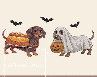 Diseño de bordado de Halloween con diseño de perro salchicha, disfraz espeluznante, archivo de bordado de perro salchicha, perro de Halloween, perrito caliente, perro fantasma, bordado de Halloween