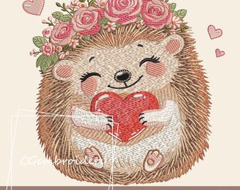 Valentine Hedgehog Embroidery File, Happy Flower Hedgehog Embroidery Design Forest Animals Machine Embroidery Pattern Baby Hedgehog Mom Gift