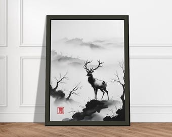 鹿の壁アート – 霧深い山々を描いた日本の水墨画、金属フレーム