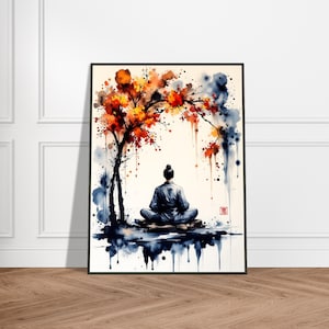 Metal Framed Japanese Zen Meditation Print – Watercolor Monk Tree Art, Tranquil Mindfulness Wall Decor, Spiritual Gift