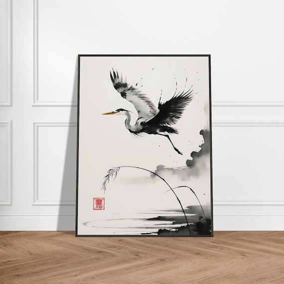 日本の墨絵サギアートプリント - 美術館品質の紙に金属フレームの壁