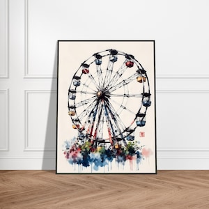 Riesenrad Aquarell Kunstdruck – Japanische Tusche Karneval Illustration – Bunte Zen Vergnügungs-Wand-Dekor – Wunderliche Rummelplatz-Szene