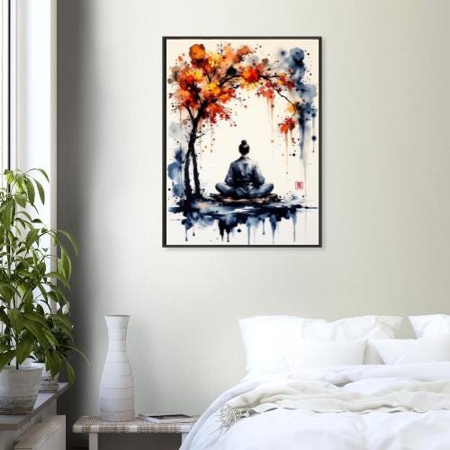 Metal Framed Japanese Zen Meditation Print – Watercolor Monk Tree