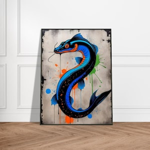 Ilustración de anguila vibrante: arte acuático con salpicaduras de pintura en azul, naranja y verde: decoración de pared moderna con vida marina sobre lienzo texturizado