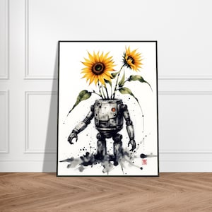 May include: A framed art print featuring a robot with a head that is a vase filled with sunflowers. The robot is gray and white with black ink splatter around its feet. The sunflowers are yellow and green.