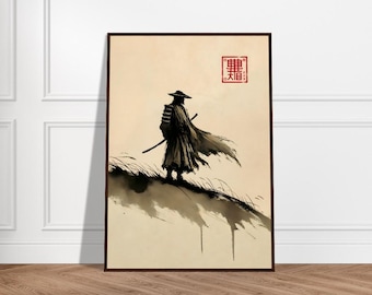 Japanse samurai-kunstposter – minimalistische muurdecoratie krijger – mat papier van museumkwaliteit – ingelijste zen-samoeraiprint – cultureel kunstwerk