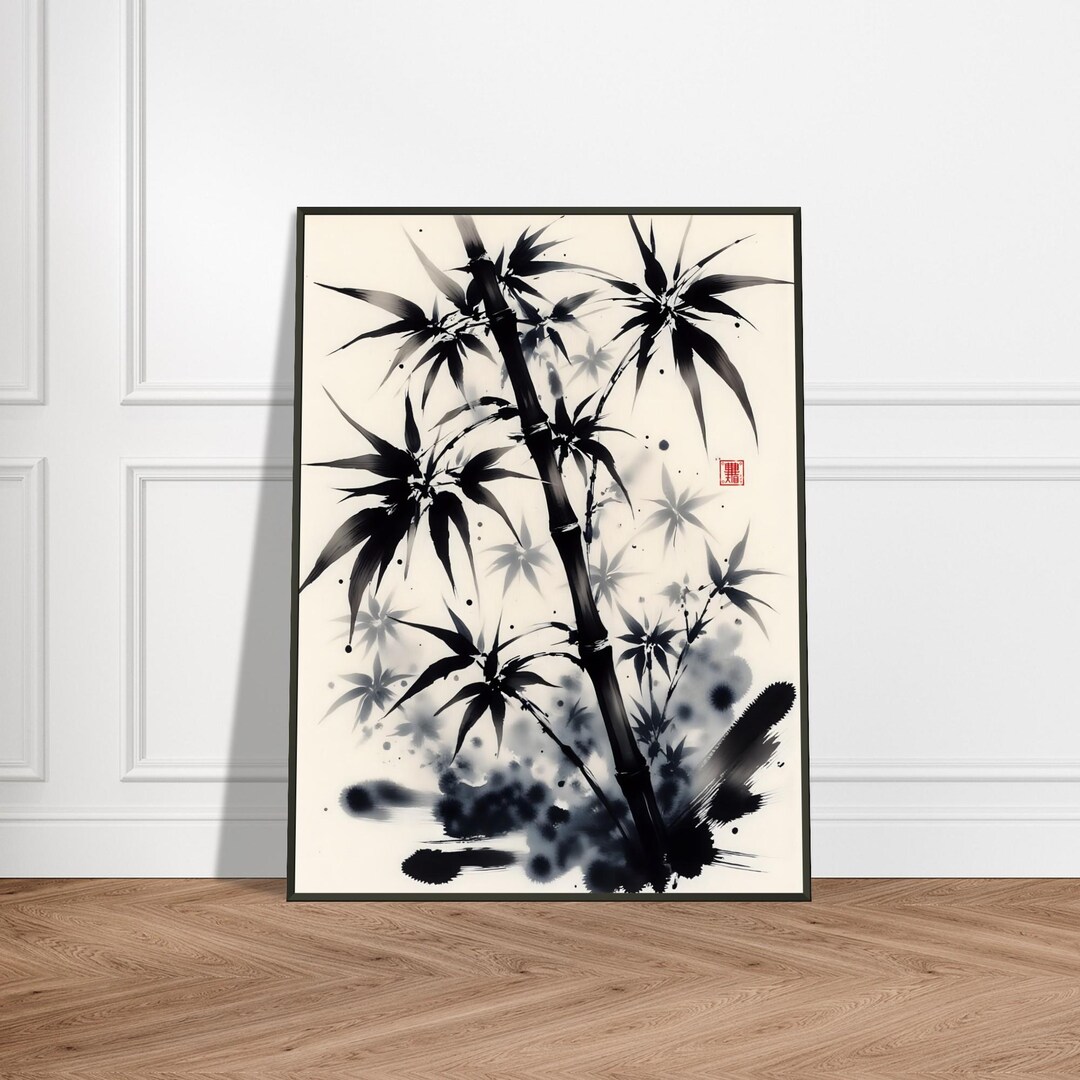 Japanese Bamboo Wall Art – Black Ink Sumi-e Painting of Bamboo Stalks ...