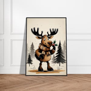 Acogedora ilustración de alce invernal: animal del bosque con bufanda y acebo, arte navideño rústico para decoración navideña o tarjetas de felicitación