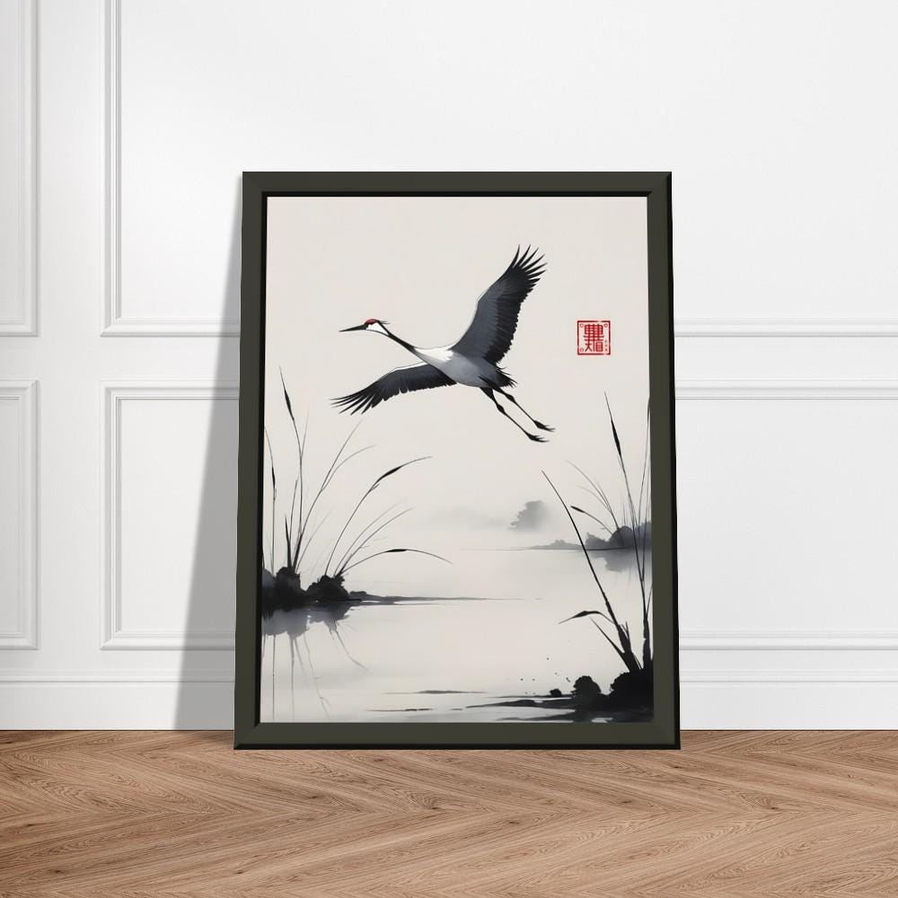 Red-crowned Crane Wall Art – Japanese Ink Wash Painting With Misty