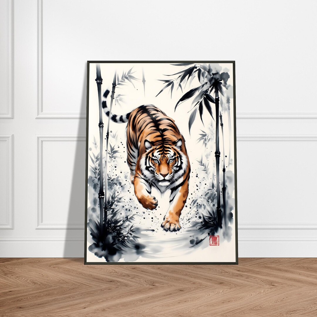 Fierce Tiger in Bamboo Forest Japanese Ink Painting, Bold Sumi-e ...