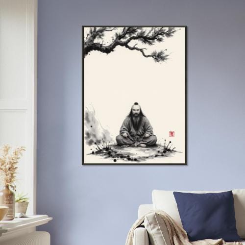 松の下で瞑想する賢者 - 日本の禅の水墨画肖像画 メタルフレームアート