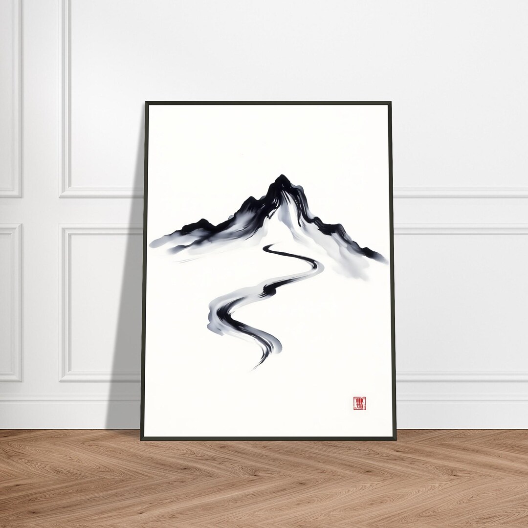 Minimalist Mountain Path Ink Print – Japanese Sumi-e Landscape Art, Zen ...