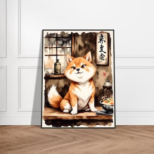 Cute Shiba Inu with Ramen – Japanese Zen Ink Wall Art Print with Metal Frame, Cozy Noodle Shop Decor in Traditional Brush Style