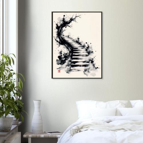 Japanese Ink Stairway and Tree – Monochrome Zen Wall Art Print