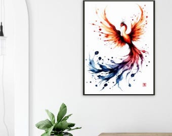 日本の鳳凰水彩画 - 神話の火の鳥アート、鳳凰の壁飾り、禅の室内装飾