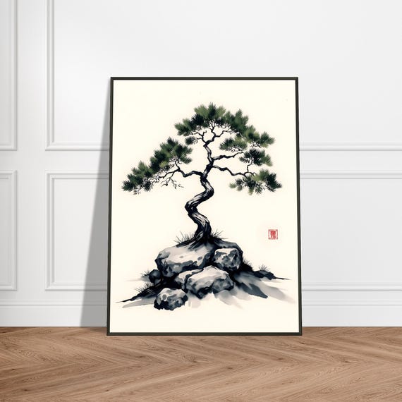 日本の松の盆栽水墨画 - 禅の木の壁飾り、墨絵風のロックガーデン画