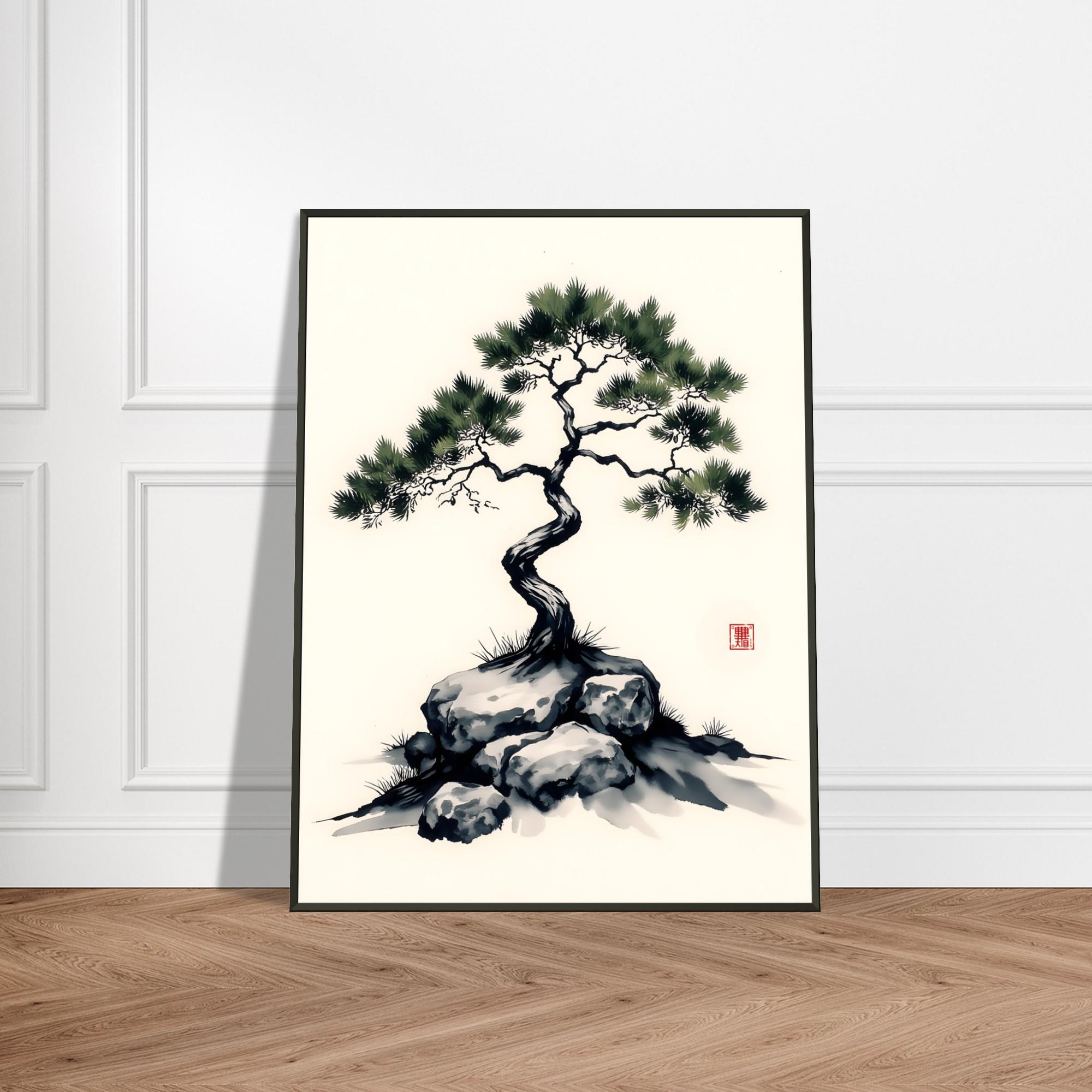 日本の松の盆栽水墨画 - 禅の木の壁飾り、墨絵風のロックガーデン画