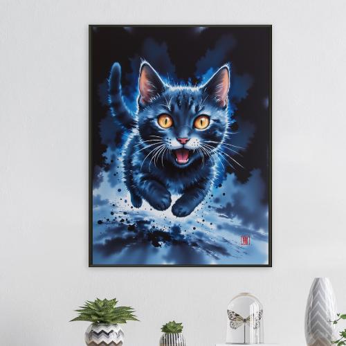 青い猫の水墨画 - 日本の墨絵風動物アートプリント、鮮やかな夜の野生