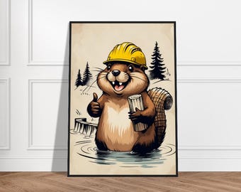 Builder Beaver Illustration – Cheerful Beaver in Hard Hat with Timber, Whimsical Forest Scene, Fun Nature Art for Decor or Gifts