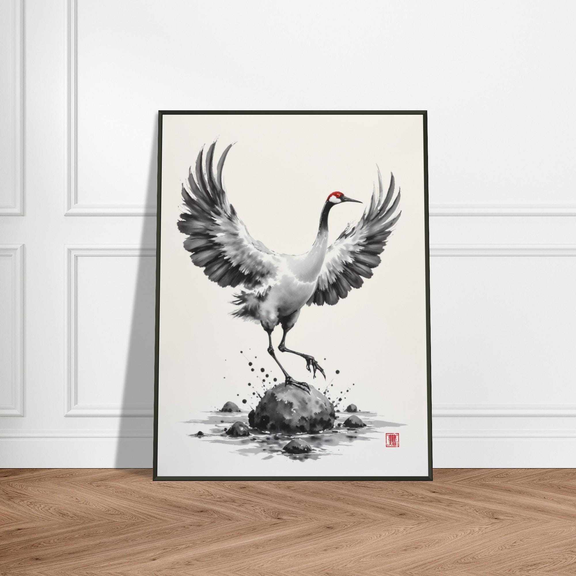 踊る鶴の水墨画 - 日本の墨絵風鳥のアートプリント、エレガントな白黒