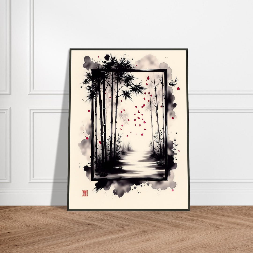 Japanese Ink Bamboo Forest Wall Art – Minimalist Zen Path With Red ...
