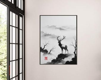 鹿の壁アート – 霧深い山々を描いた日本の水墨画、金属フレーム
