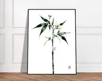 Impresión de acuarela de bambú japonés: arte minimalista con tinta sumi-e, decoración mural con plantas zen, elegante ilustración natural para espacios tranquilos.