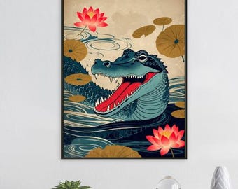 Fierce Crocodile Among Lotus Flowers, Japanese-inspired Wildlife