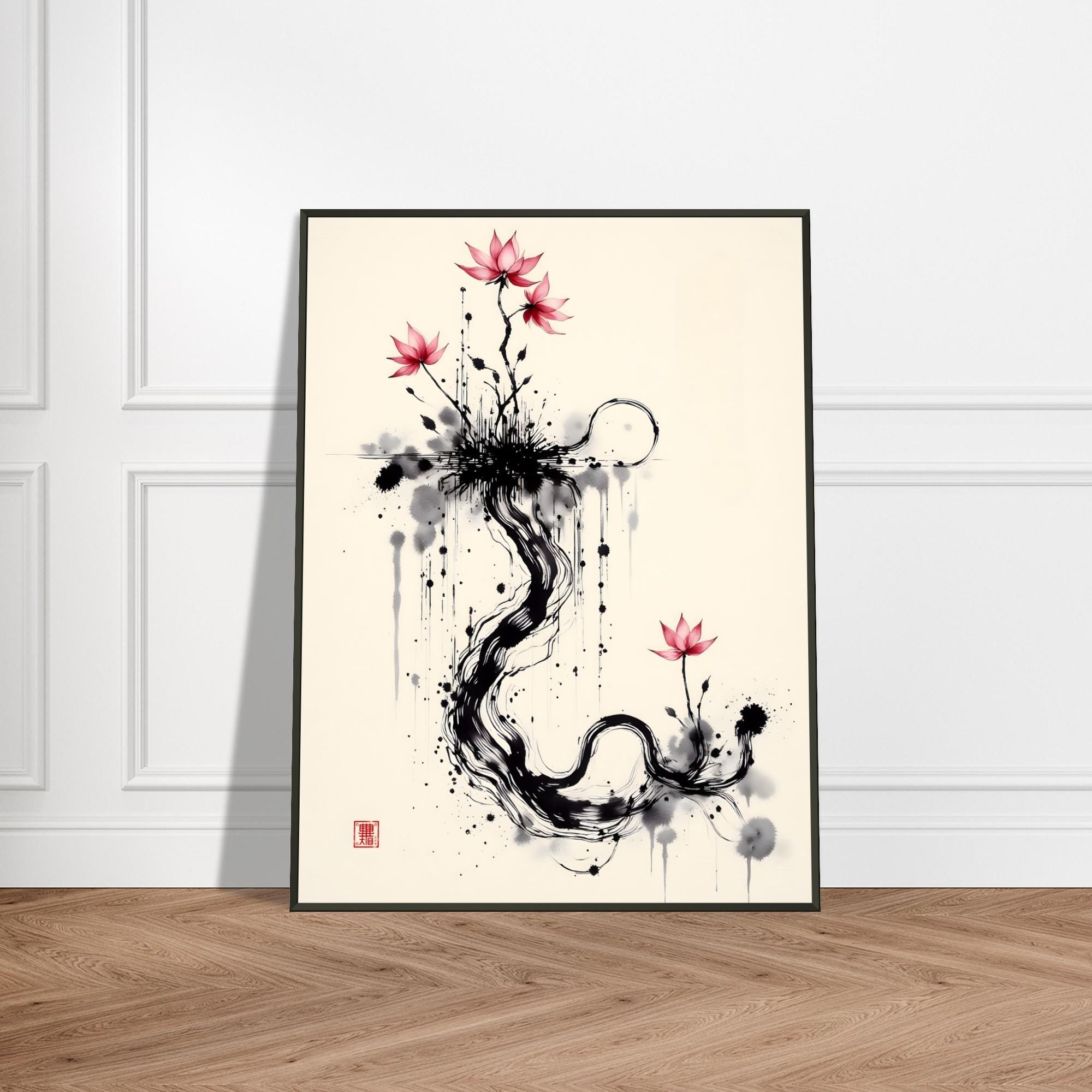 蓮と流れる墨絵 - 日本の墨絵花の芸術、抽象的な禅の筆絵、瞑想