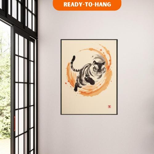 動く虎の墨絵 – 日本の墨絵風野生動物アートプリント、ダイナミックな