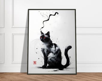 黒と白の猫の壁アート - 赤い目とインクの渦巻きの日本の水墨画、金属