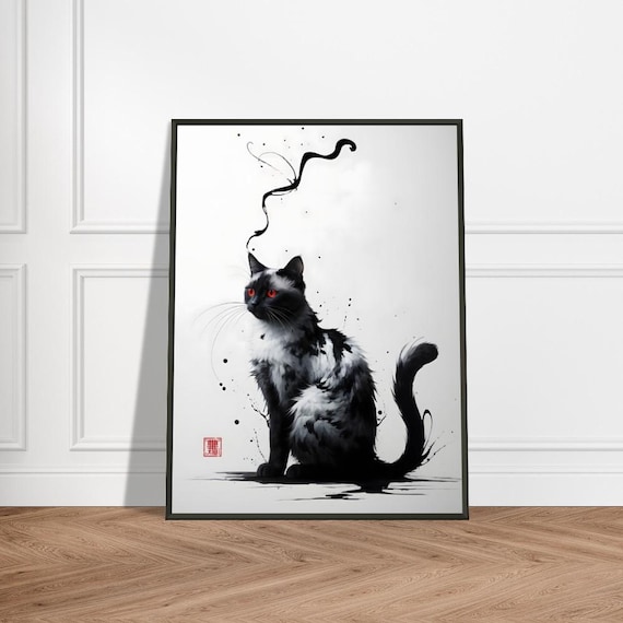 黒と白の猫の壁アート - 赤い目とインクの渦巻きの日本の水墨画、金属