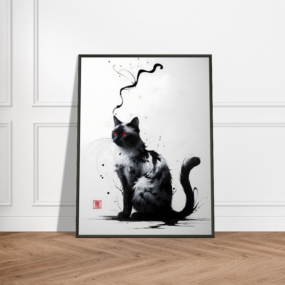 黒と白の猫の壁アート - 赤い目とインクの渦巻きの日本の水墨画、金属