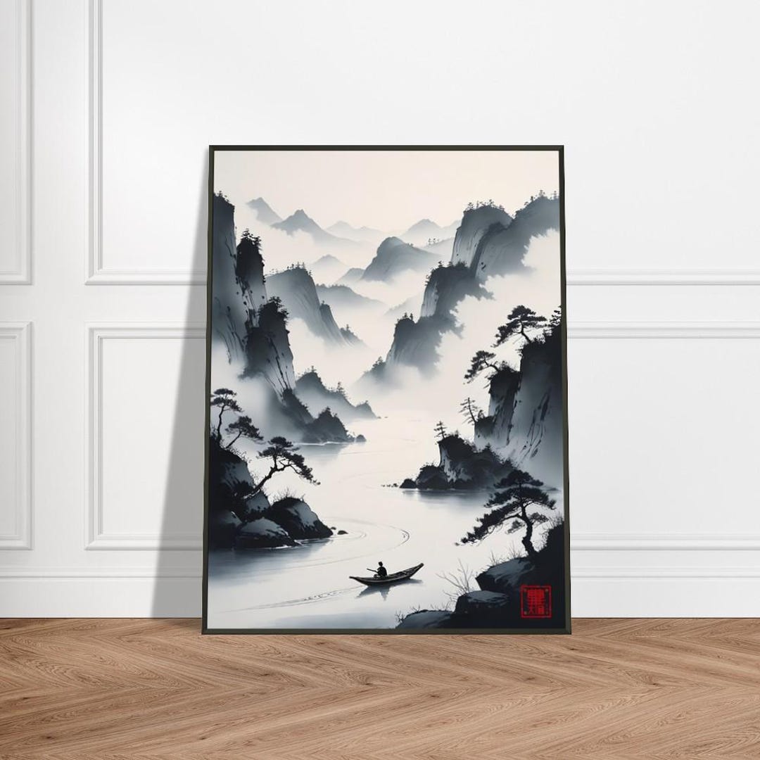 Mountain River Wall Art – Japanese Ink Wash Landscape With Misty Pines ...