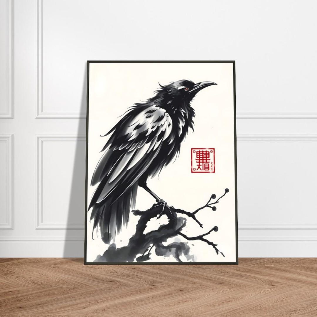 B4原画 crow Japanese Ink Wash Crow Art – Minimalist Raven Illustration With