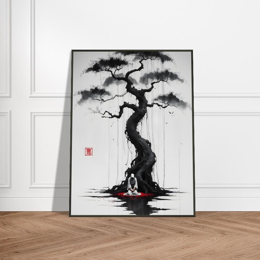 Meditative Monk Wall Art – Japanese Ink Wash Painting With Ancient