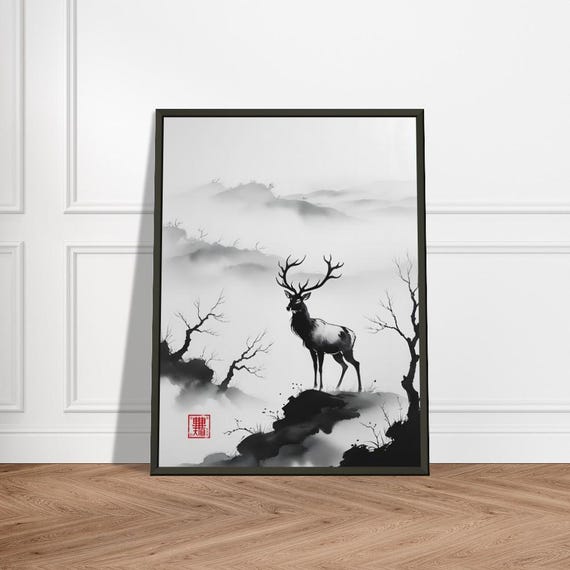 鹿の壁アート – 霧深い山々を描いた日本の水墨画、金属フレーム