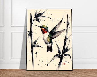 Japanese Hummingbird and Bamboo Wall Art – Colorful Zen Ink Watercolor Painting, Metal Framed Print