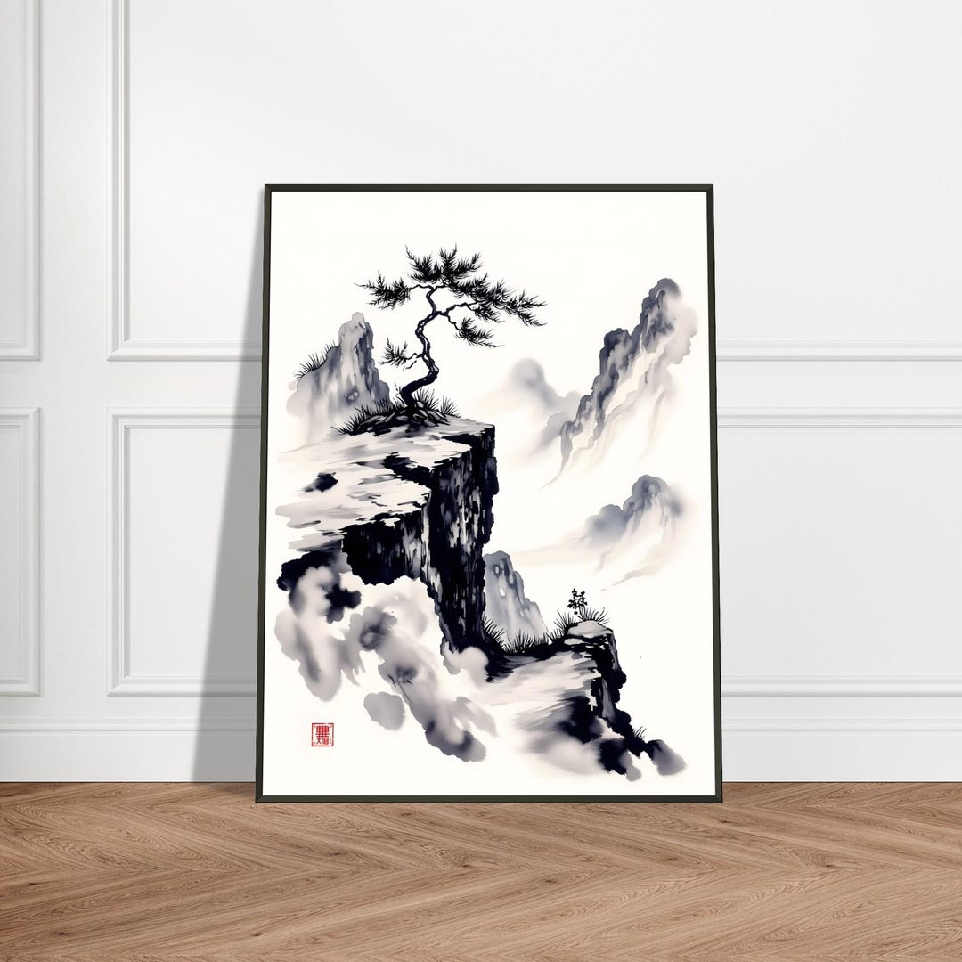 Lone Pine on Cliff – Japanese Ink Wash Landscape Art Print, Serene