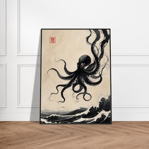 Stampa artistica giapponese Sumi-e Octopus – Decorazione da parete con cornice in metallo su carta di qualità museale – Dipinto a inchiostro Kraken