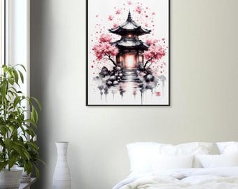 Cherry Blossom Temple Wall Art – Japanese Ink Style Pagoda With