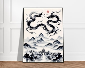 Japanese Ink Wash Dragon Above Mountain Village, Sumi-e Style Mythical Scene with Temple and Misty Landscape