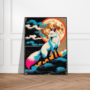 Enchanted Fox Under Full Moon – Japanese-Inspired Metal Framed Art Print, Neon Accents, Mystical Clouds, and Bold Ukiyo-e Aesthetic
