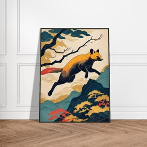Golden Fox in Japanese Mountain Landscape, Ukiyo-e Style Wildlife Art, Mystical Animal Illustration, Nature-Inspired Wall Decor