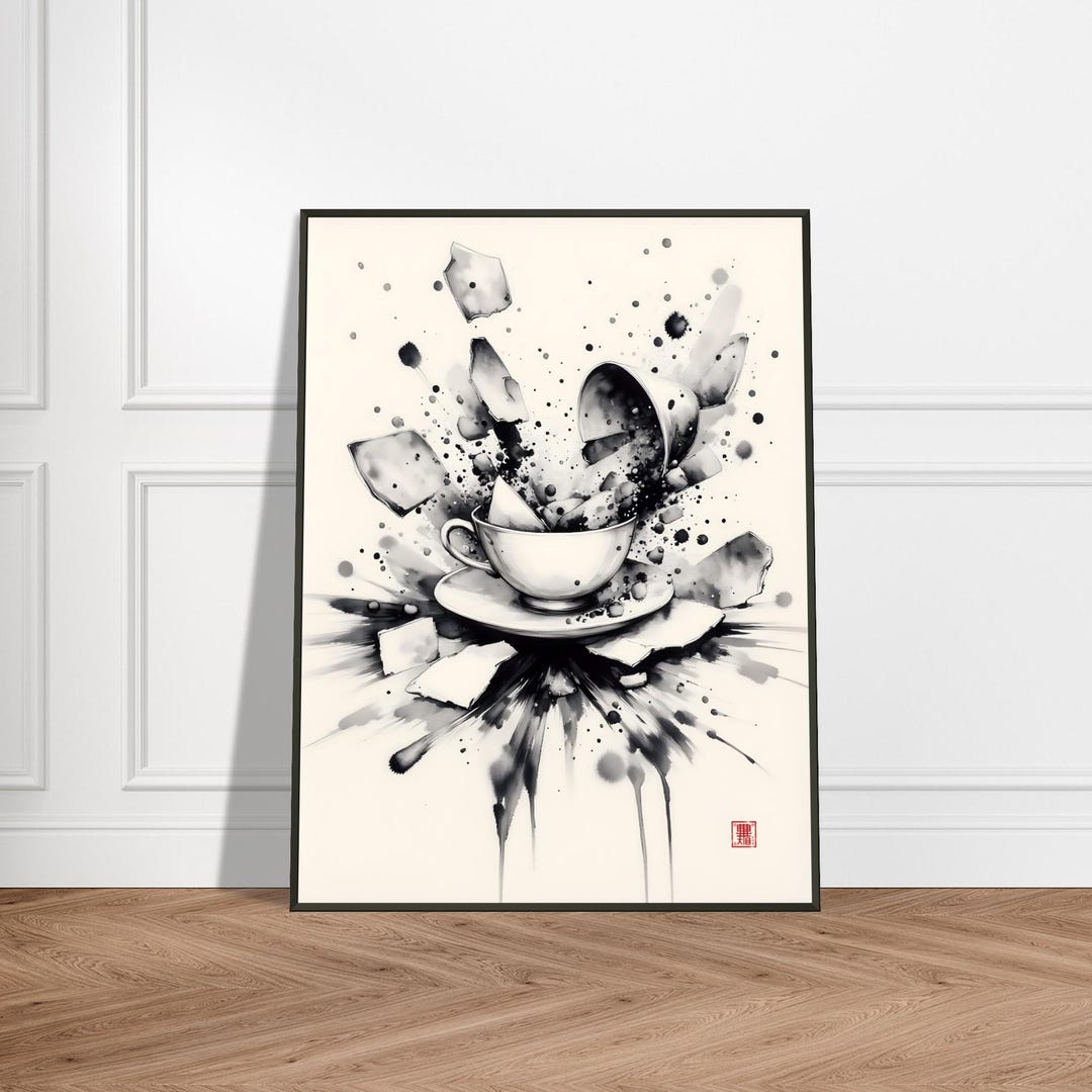 Japanese Broken Teacup Explosion – Monochrome Ink Wall Art Print