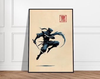 Japanese Ninja Art Poster – Minimalist Ninja Wall Decor – Museum-Quality Matte Paper – Framed Zen Ninja Warrior Print
